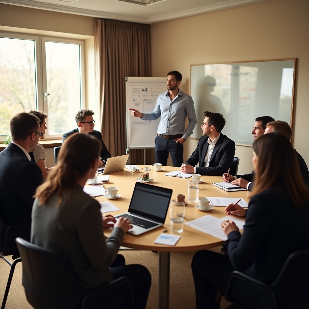 Erster Workshoptag in Stuttgart mit kleiner Gruppe von Freiberuflern um einen Arbeitstisch