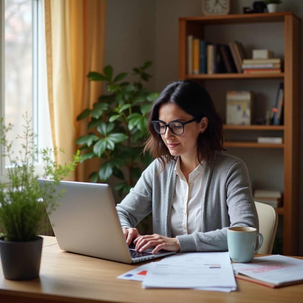 Selbstständige Unternehmerin arbeitet allein in kleinem, hellem Büro an Angebotsdokument
